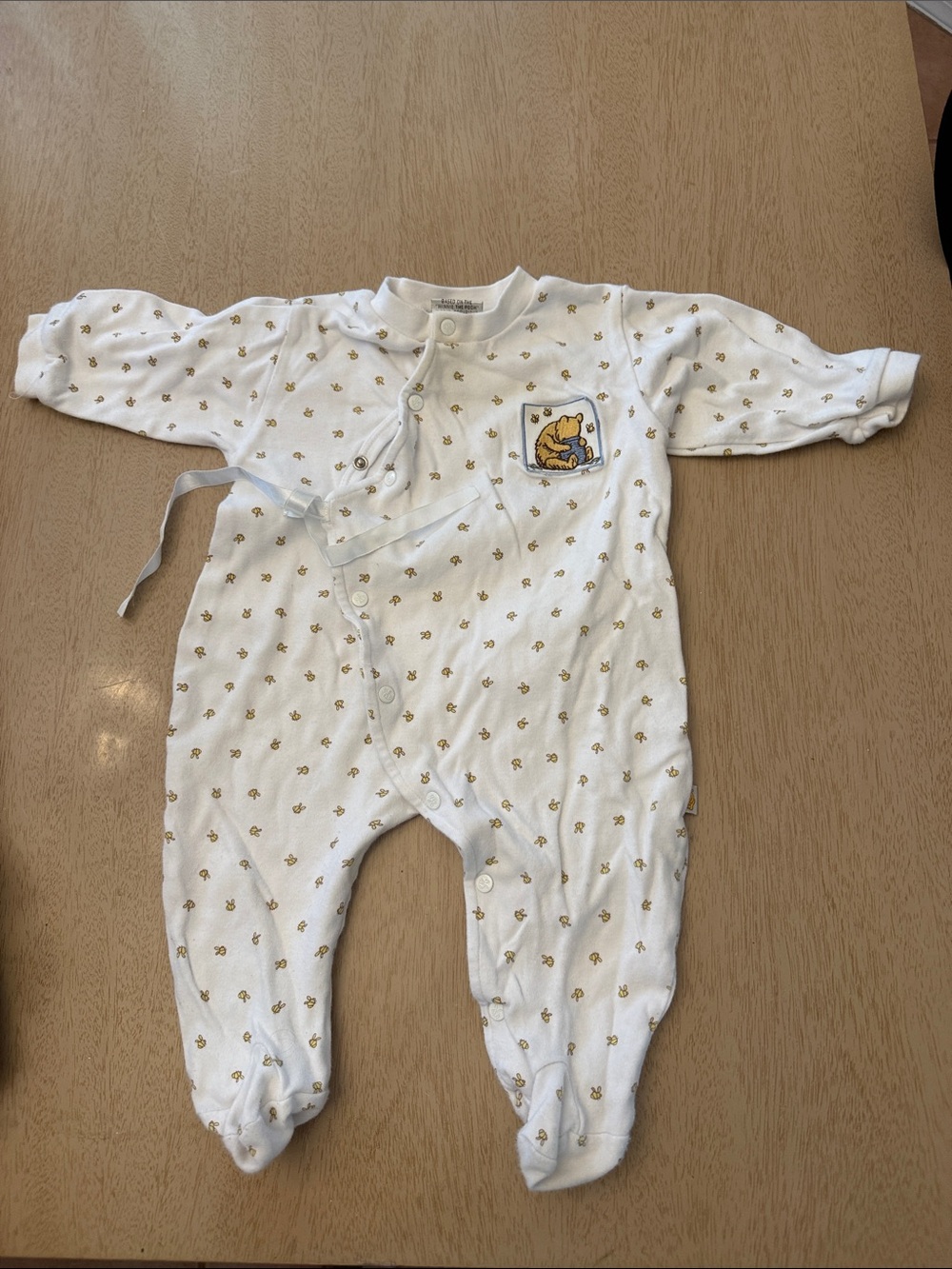 Vintage Winnie the Pooh White and Yellow Baby Footed One-Piece Romper With Tie